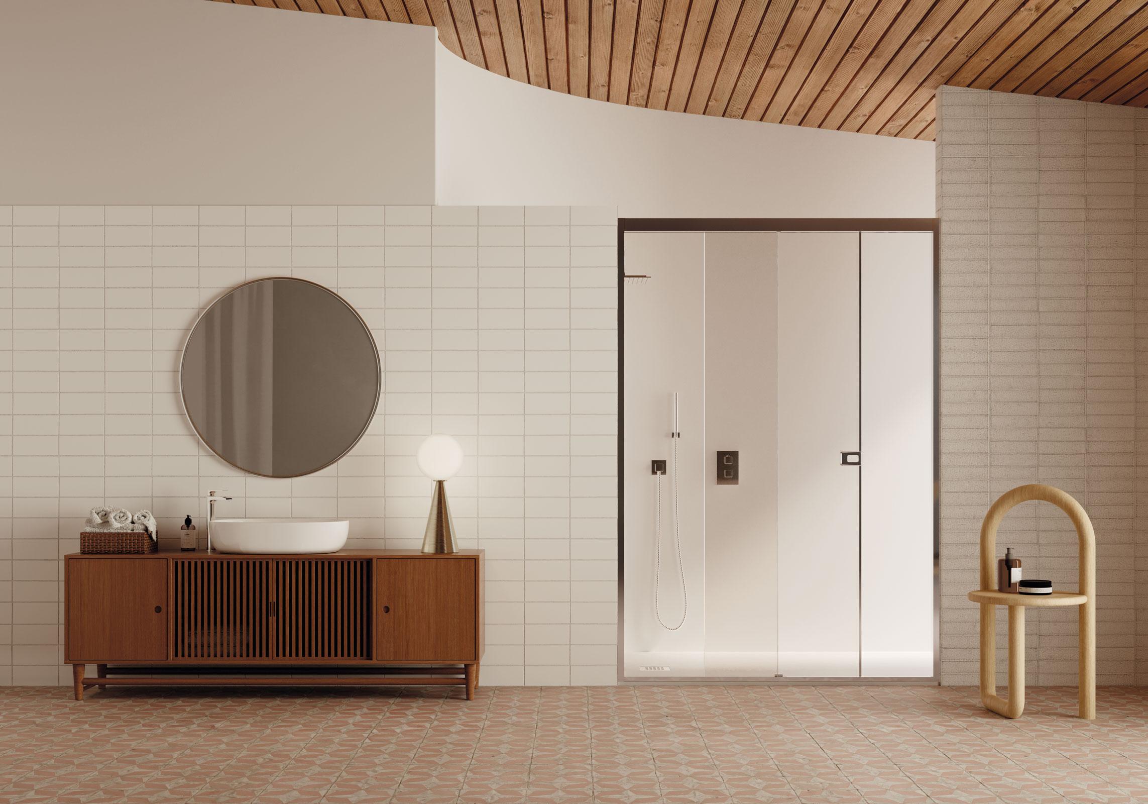 Collection 2.B : meuble vasque en bois et miroir rond dans une salle de bains.